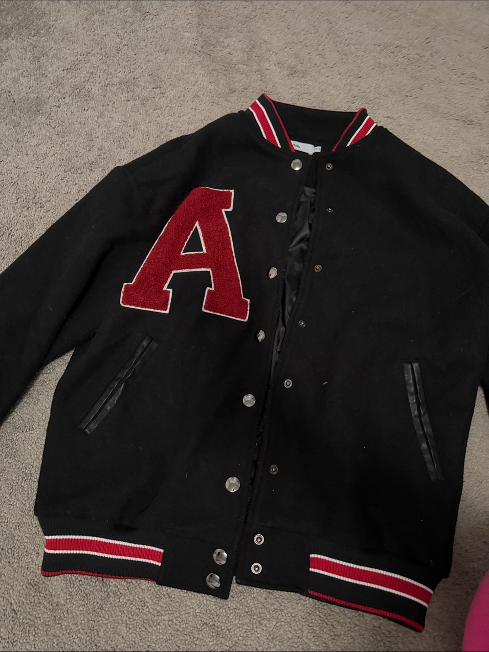 Black Letterman’s
 Jacket with Red & White Stripe Trim